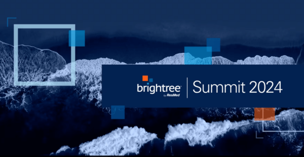 A dark blue wave graphic background with the text "brightree by ResMed Summit 2024" in the foreground.